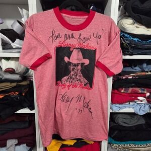 Vtg 1977 Larry Mahan Joe ely King of the Rodeo Ringer T-Shirt Red Signed Mens